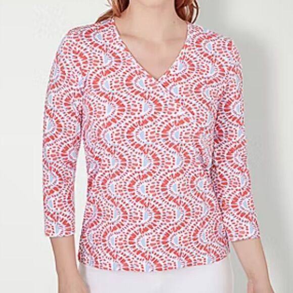 Hearts Of Palm -618 Embellished V‎ Neck 3/4 Sleeve T-Shirt Tropical Leaf Print M - Picture 5 of 5